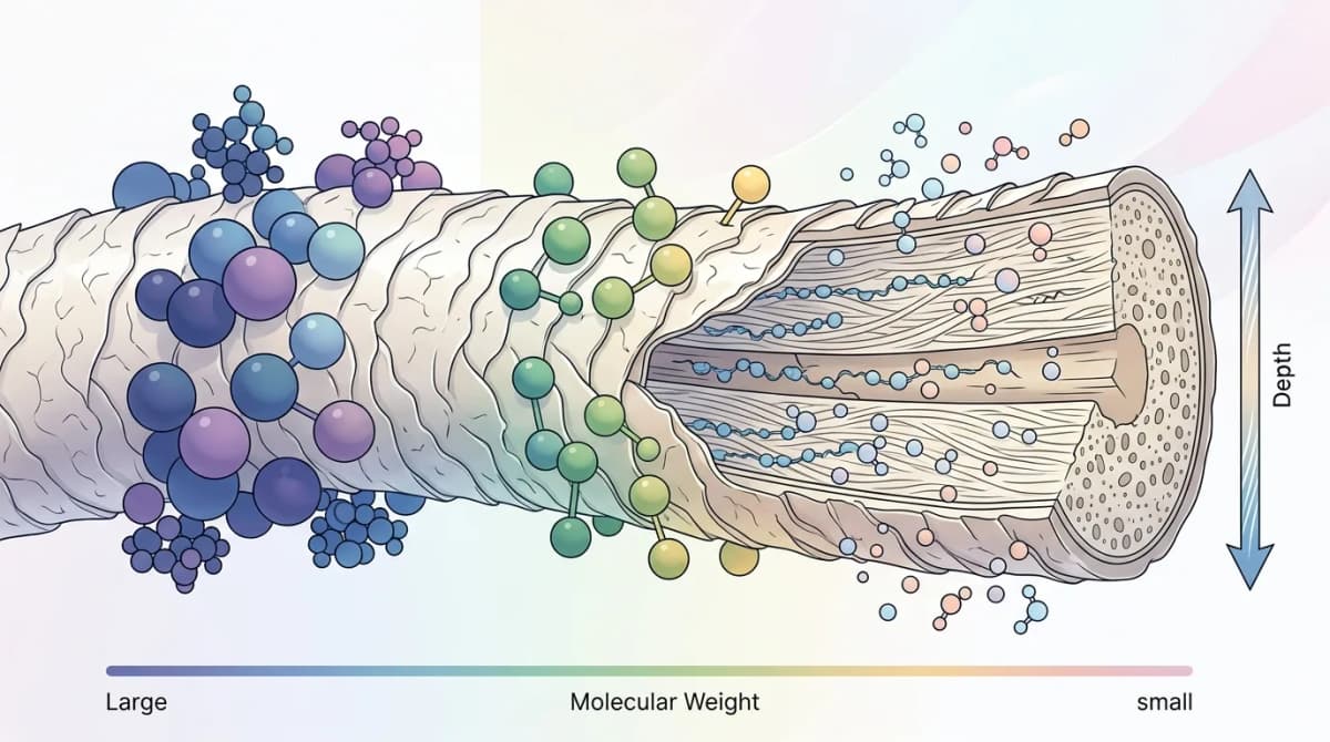 Infographic showing penetration depth of different hair care molecules by molecular weight, minimalist design with pastel scientific color palette, clear typography