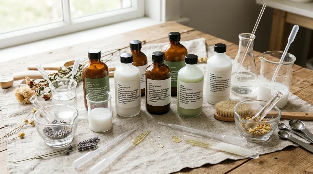 Flat lay editorial photo of several conditioner bottles with visible ingredient labels surrounded by laboratory glassware and pipettes, soft natural lighting, beauty editorial style