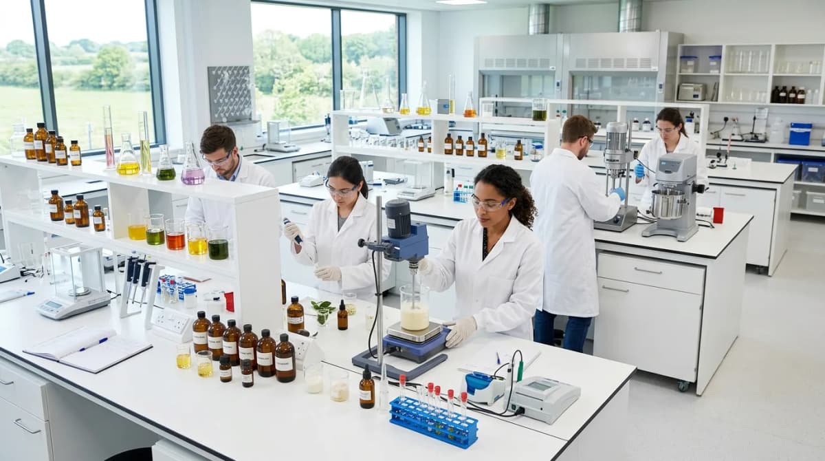 A modern cosmetic formulation laboratory with white benches, glass beakers, emulsification equipment, and scientists in lab coats working on formulas — clean, bright, professional scientific setting