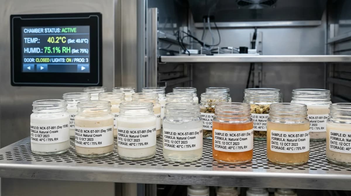 Close-up of cosmetic stability testing samples in labeled glass jars arranged in a climate chamber, scientific setting with temperature controls visible