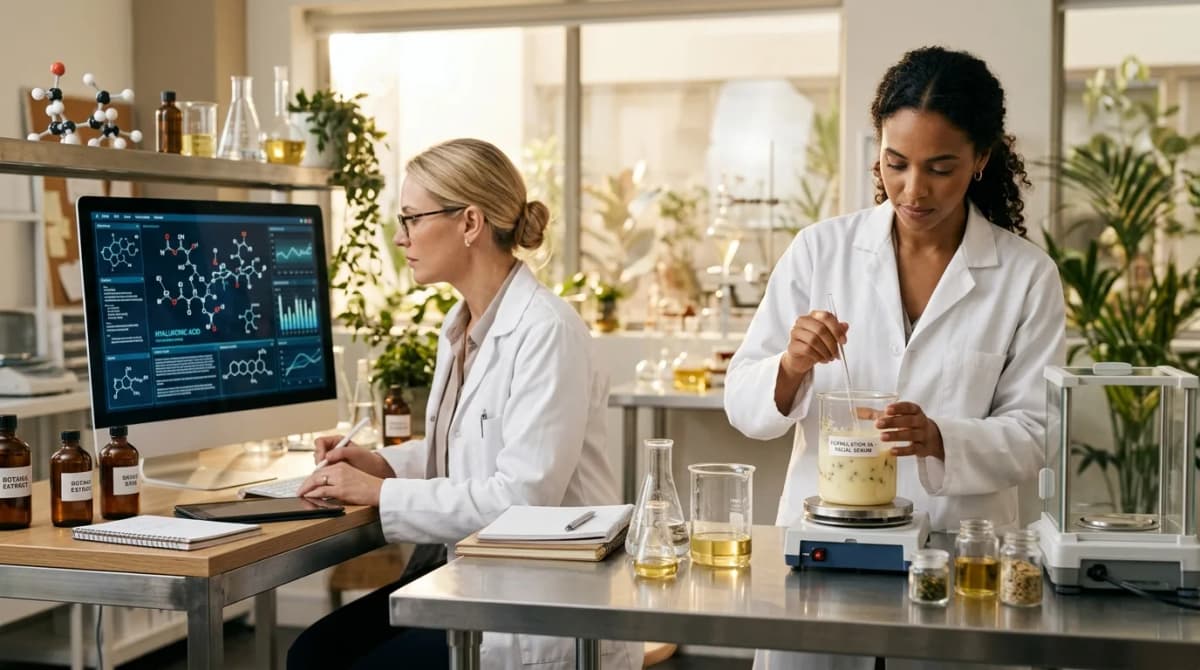 Two professionals in a cosmetic laboratory - one reviewing scientific data on a computer screen with molecular structures visible, another carefully mixing ingredients in glass beakers, warm natural editorial lighting, photorealistic, high-end beauty magazine style