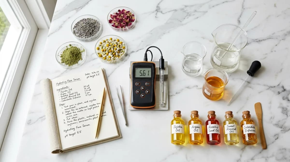 Flat lay of cosmetic chemistry tools arranged artfully - digital pH meter, glass beakers and pipettes, small bottles of plant oils, botanical extracts in petri dishes, handwritten formulation notes, clean white marble background, professional editorial photography