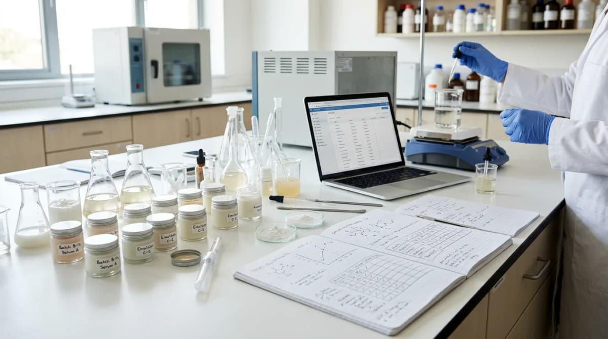 Modern cosmetic laboratory workspace with multiple cream and serum samples in small jars, stability testing equipment, open formulation notebooks with charts, laptop showing ingredient database, clean and professional editorial lifestyle photography