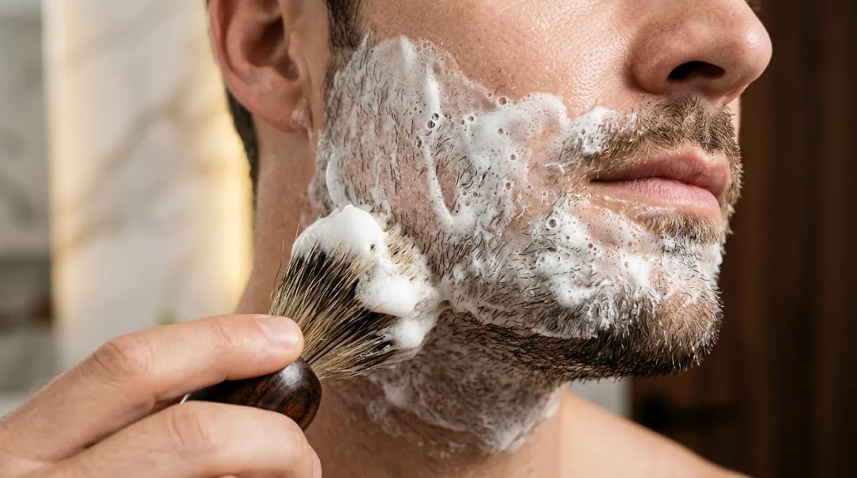 Close-up of shaving cream texture being applied to male face, soft studio lighting, macro photography, foam bubbles visible, editorial beauty style