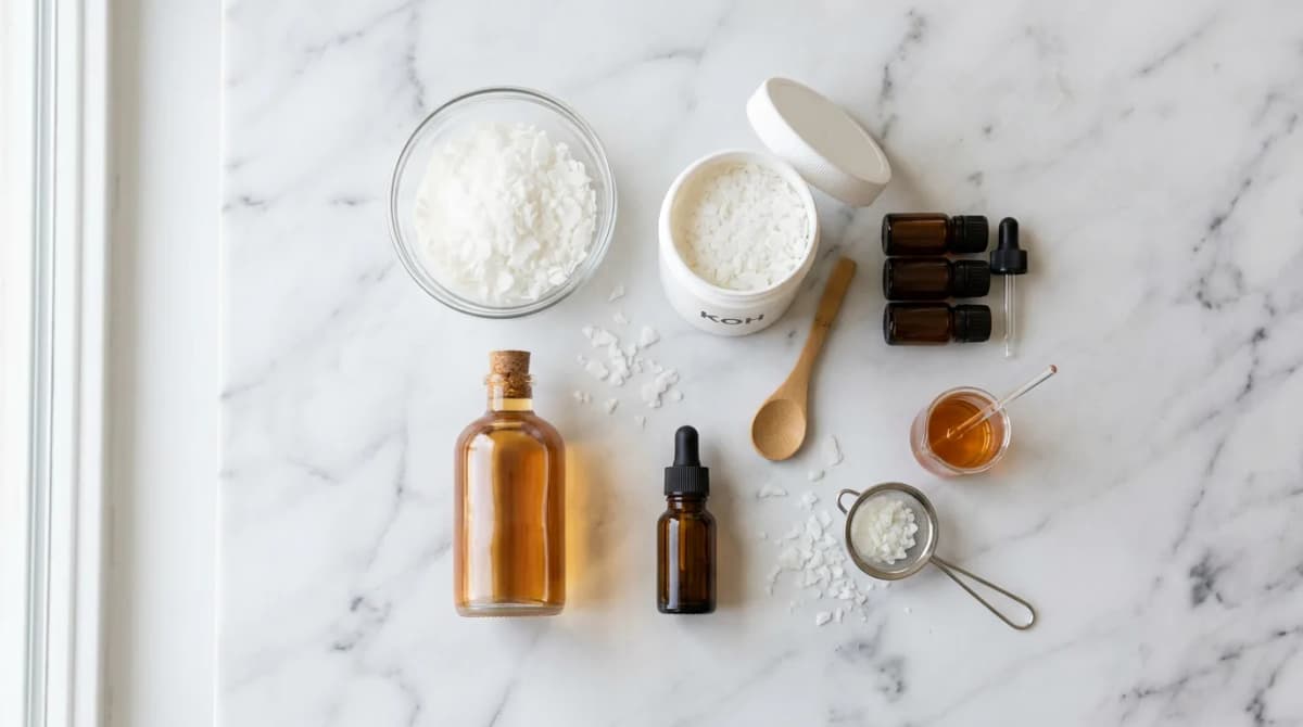 Flat lay of shaving cream ingredients - stearic acid flakes, glycerin bottle, KOH container, essential oil vials on white marble surface, clean minimal aesthetic