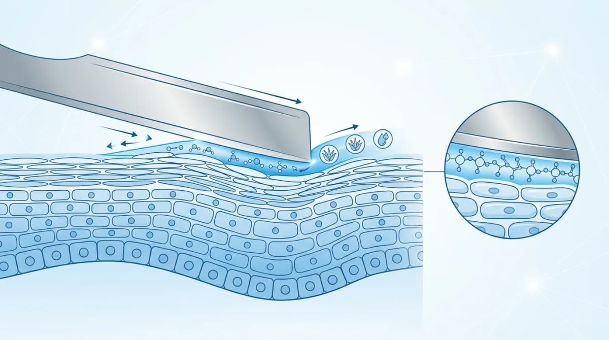 Scientific illustration of razor blade gliding over skin cross-section, showing lubricant film layer between blade and epidermis, clean vector infographic style, blue and white palette