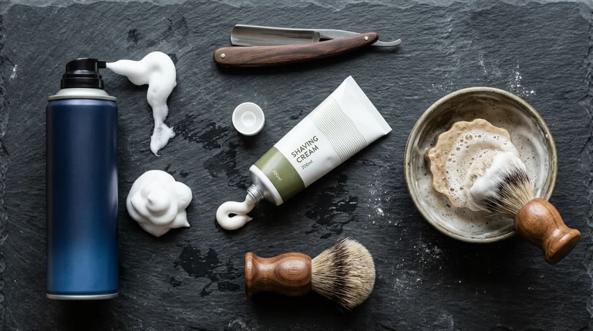Comparison flat lay of three shaving cream formats - aerosol can, tube with cream, artisan soap puck - on dark slate background with straight razor and shaving brush