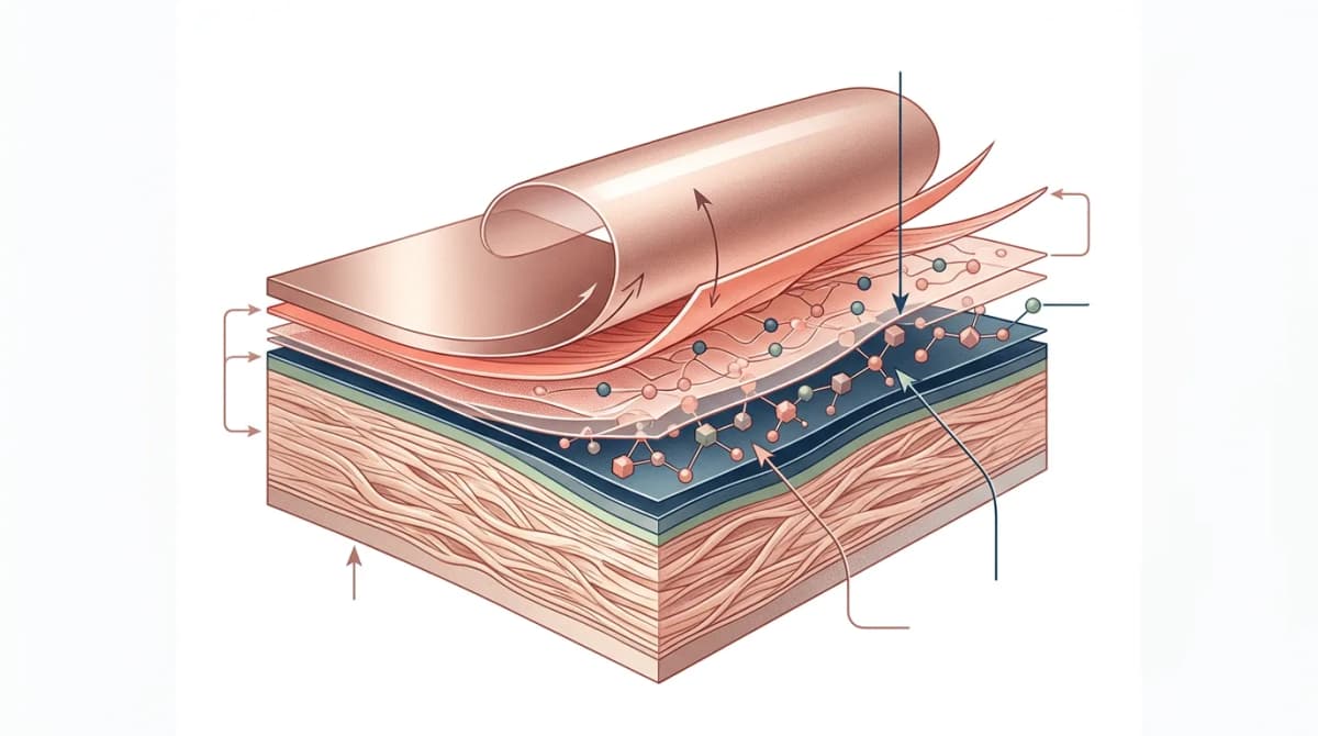 Close-up scientific cross-section diagram of nail polish film layers on a nail plate, showing adhesion resin layer, nitrocellulose film, and plasticizer distribution, clean technical illustration with elegant beauty editorial aesthetic, white background