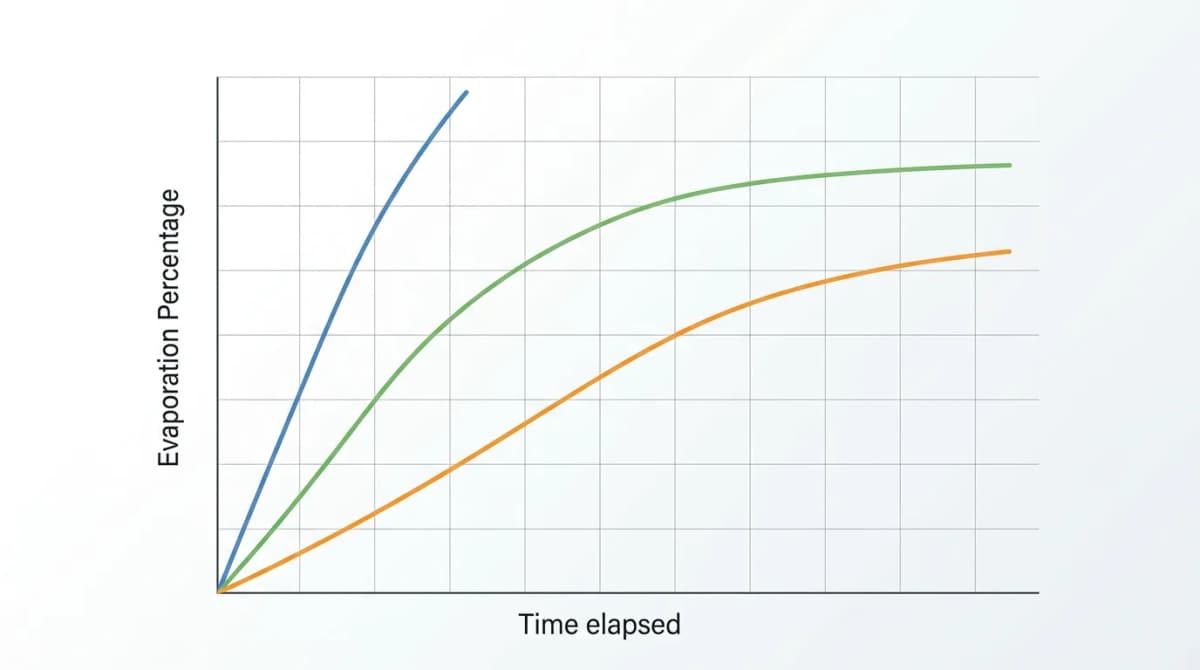 Evaporation rate comparison graph for ethyl acetate, butyl acetate and isopropanol in nail polish formulation, clean scientific chart with color-coded lines, minimal design, laboratory report style
