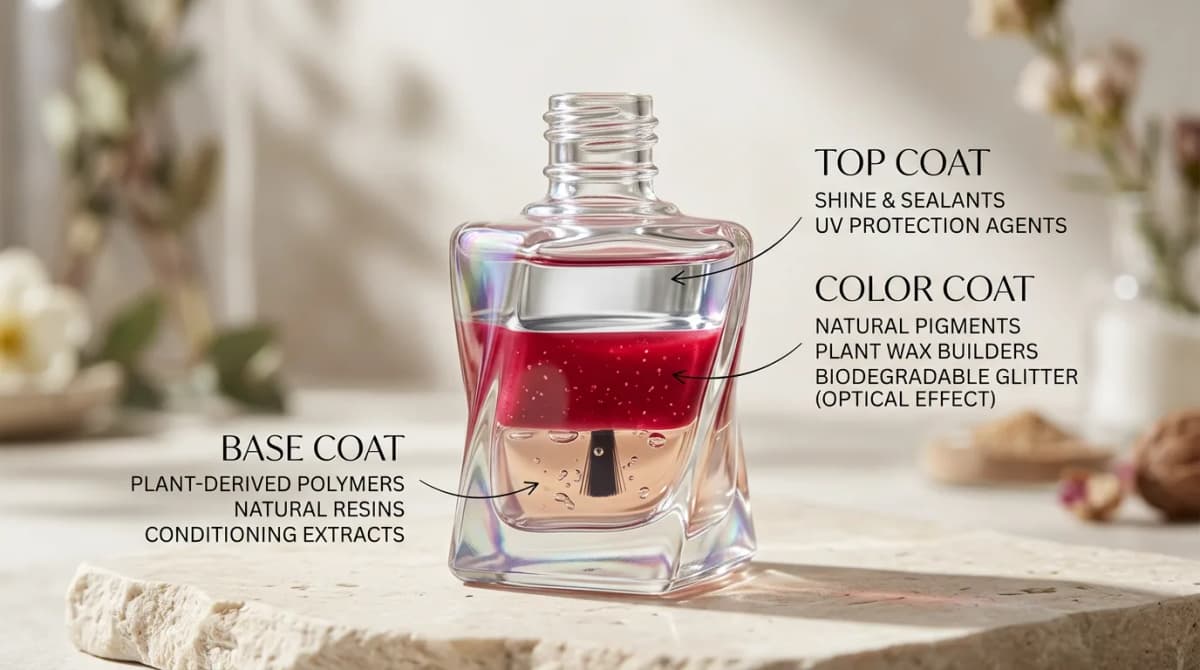 Nail polish bottle cross-section showing base coat, color coat, and top coat layers with ingredient labels in elegant typography, beauty editorial illustration style, soft lighting