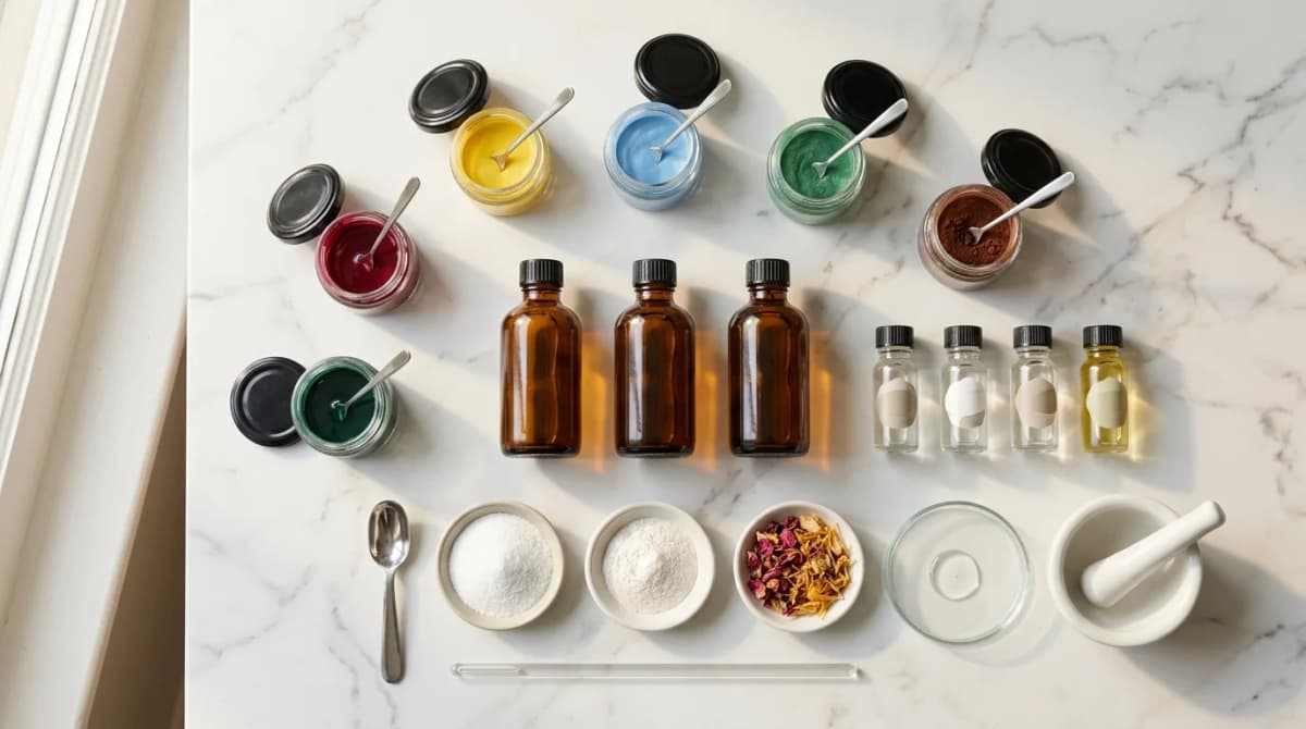 Flat lay of nail polish formulation ingredients — amber bottles with nitrocellulose solution, small jars of pigment dispersions, glass vials with plasticizers, on a clean white marble laboratory surface, beauty editorial aesthetic with soft shadows