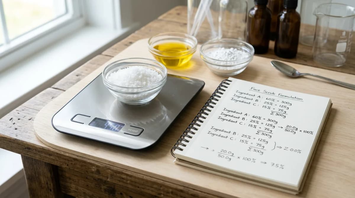digital kitchen scale with small glass bowls containing different cosmetic raw ingredients — white salt crystals, golden oil, white powder, beside an open notebook showing percentage calculations, clean minimal aesthetic