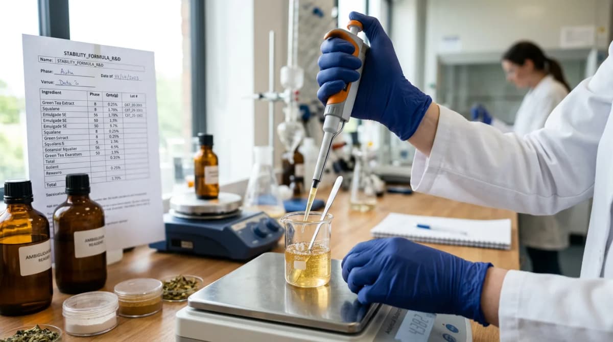 close-up of cosmetic chemist hands measuring ingredients with a precision pipette into a small glass beaker, a technical specification sheet visible blurred in background, laboratory setting