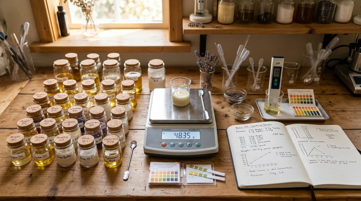 organized home cosmetic formulation workspace with precision digital scale, neatly labeled small ingredient jars, open formulation notebook with calculations, pH meter and color indicator strips, warm light