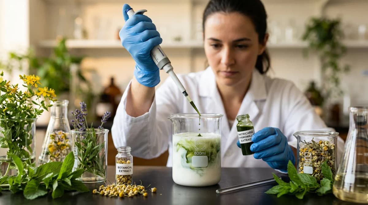 close-up of cosmetic formulation process — scientist pipetting plant extract into white emulsion in glass beaker, surrounded by green botanical elements, clean laboratory aesthetic with warm tones