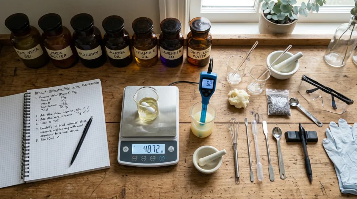 organized cosmetic lab workspace with labeled amber ingredient jars, digital pH meter displaying 5.2, precision scale, and handwritten formulation notes on grid paper, overhead flat lay, natural daylight