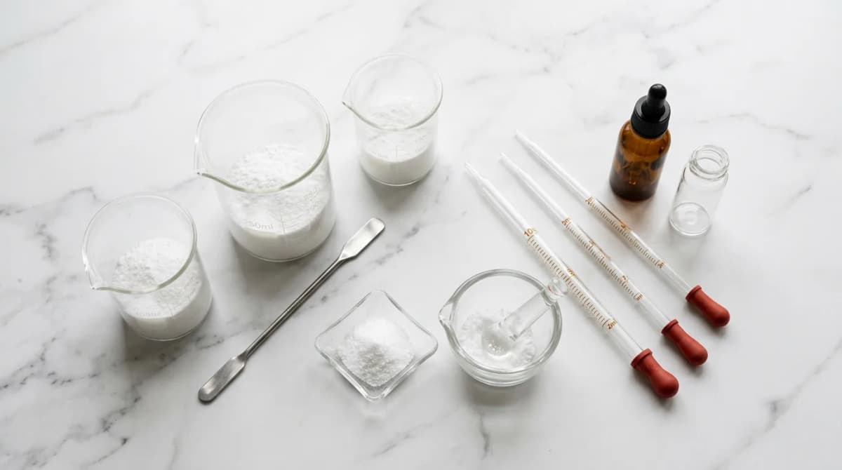Flat lay of laboratory beakers and pipettes with white crystalline powder (niacinamide) on a marble surface, editorial beauty photography style, natural diffused light, minimalist composition
