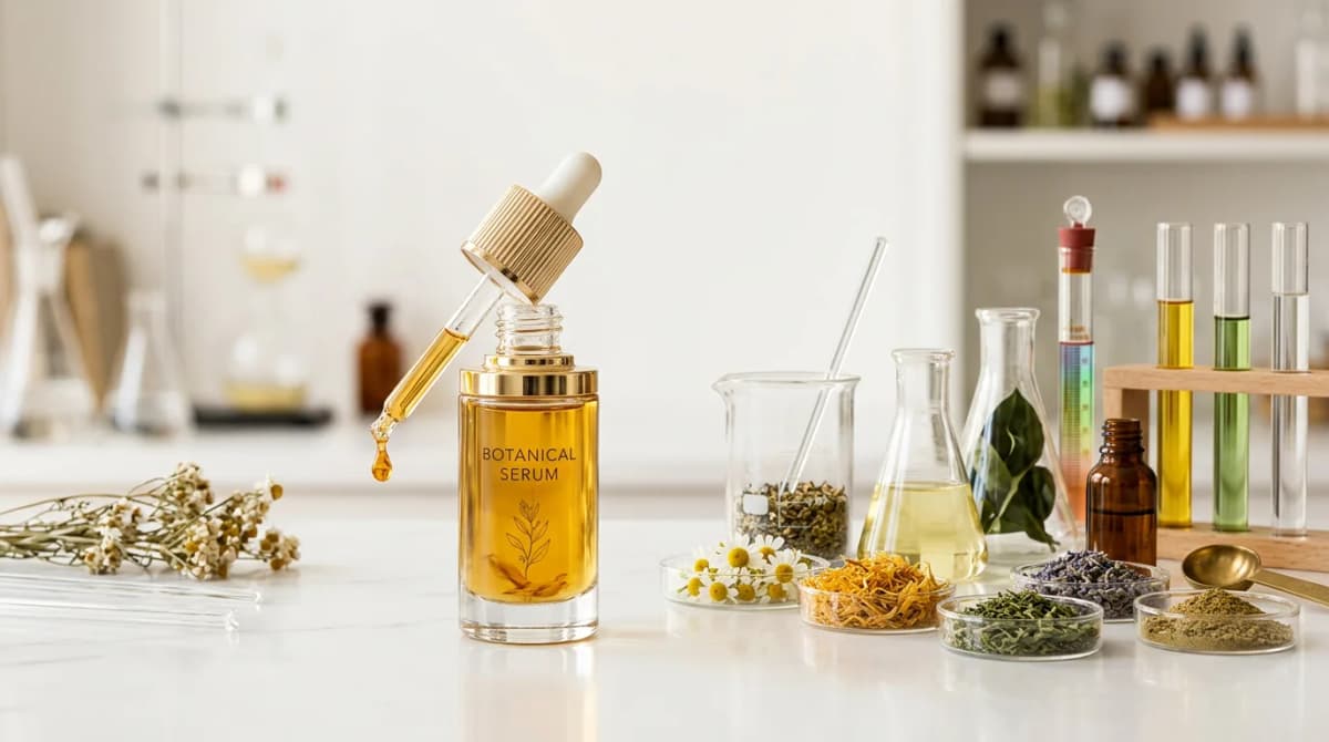 Elegant skincare serum bottle with dropper on a clean white background, surrounded by scientific glassware and small ingredient samples, soft warm editorial lighting, luxury beauty aesthetic