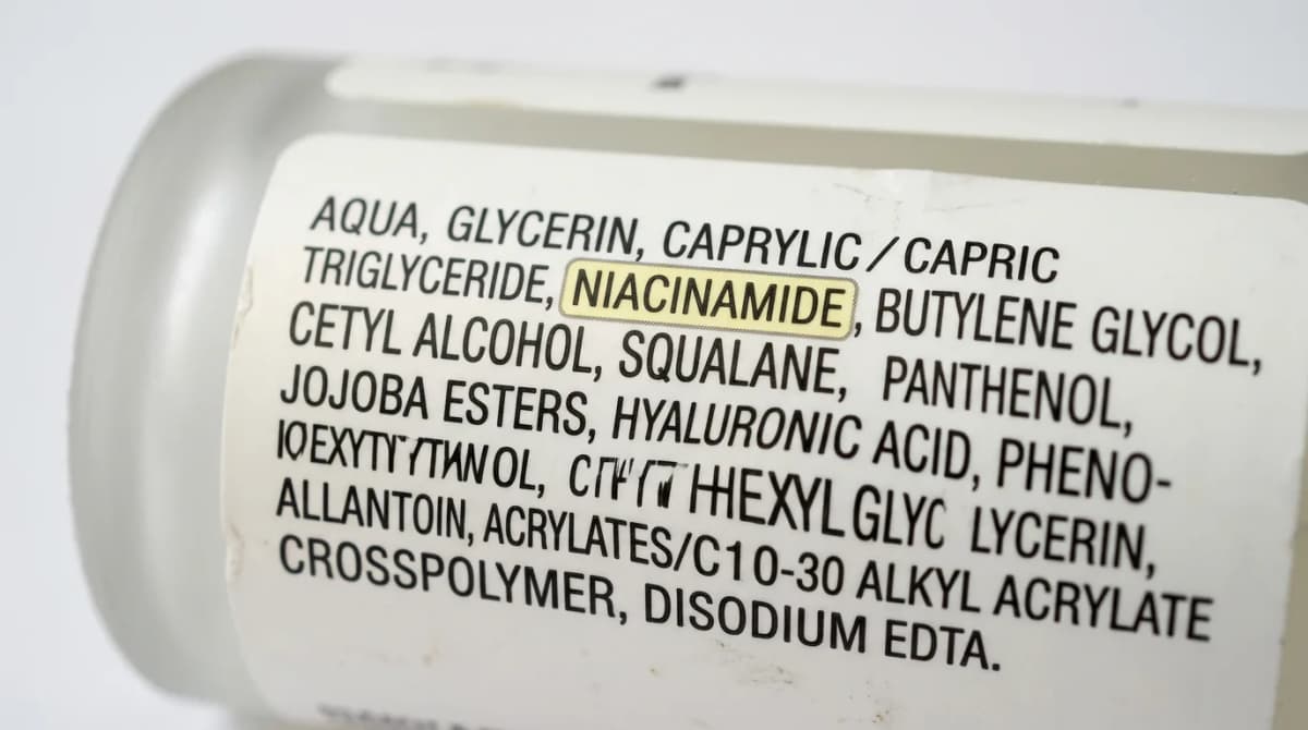Skincare product INCI ingredient list close-up with niacinamide text highlighted, realistic macro photography, clean white background, sharp focus on text