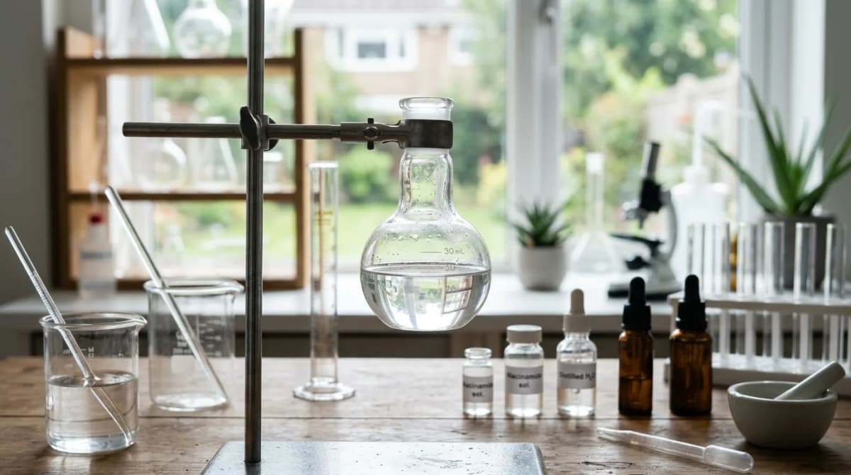 Close-up of a laboratory flask with clear niacinamide solution, scientific glassware, soft natural light, clean minimalist aesthetic, cosmetic chemistry lab
