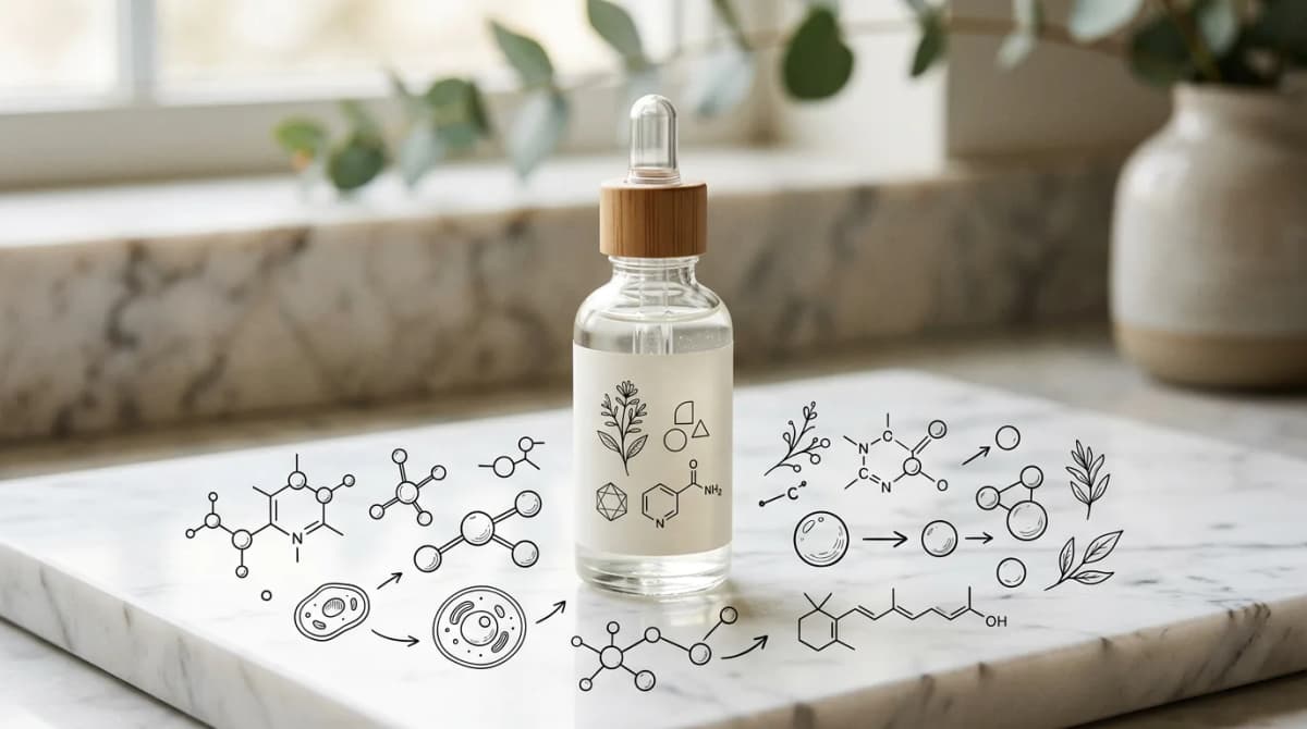 Close-up of a minimalist glass serum bottle with niacinamide label, surrounded by molecular structure diagrams on white marble surface, soft natural lighting, editorial beauty photography style, Vogue aesthetic