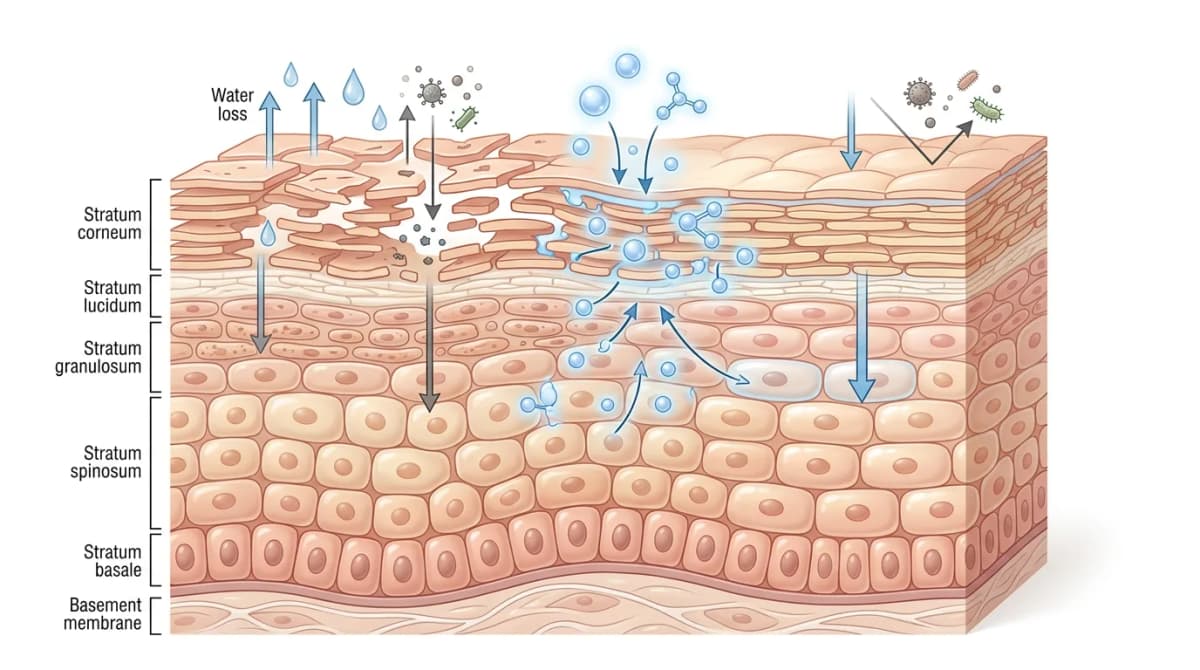 Scientific cross-section illustration of skin epidermis layers showing ceramide barrier restoration process, niacinamide molecules highlighted in soft blue, clean infographic style with white background