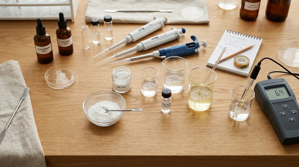 Flat lay of cosmetic formulation laboratory ingredients: white niacinamide powder in small glass bowl, zinc PCA, precision pipettes, glass beakers and pH meter on clean laboratory bench, scientific aesthetic with warm tones