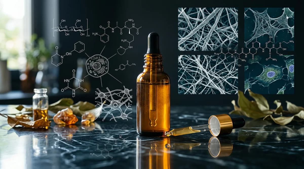 Anti-aging skincare concept: elegant amber dropper bottle with serum on reflective surface, surrounded by abstract collagen fiber microscopy images and molecular diagrams, sophisticated editorial style with dark background