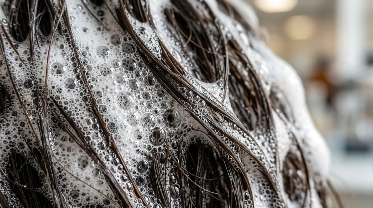 Close-up of shampoo lather on dark hair strands, microscopic foam bubbles visible, clean scientific aesthetic, studio lighting, high resolution