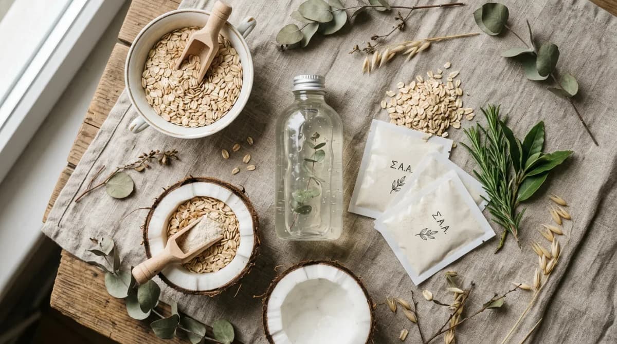 Flat lay of natural ingredients — coconut halves, oat flakes, amino acid powder sachets, next to a transparent shampoo bottle with clear gel, soft natural light, botanical aesthetic