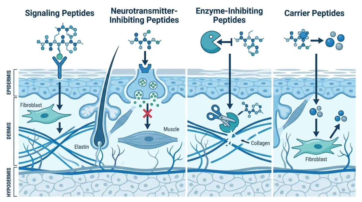 Flat design scientific diagram showing four types of cosmetic peptides (signaling, neurotransmitter-inhibiting, enzyme-inhibiting, carrier) with arrows indicating their mechanisms on skin cross-section, clean white background, blue and teal color palette