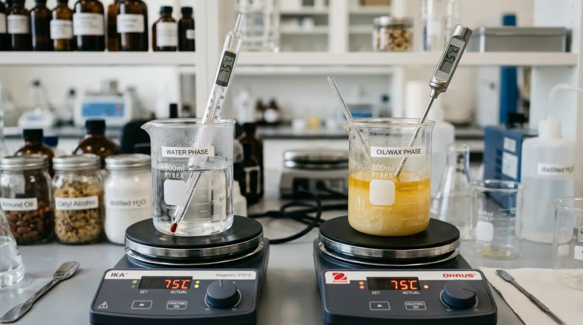 close-up of two separate glass beakers being heated on hotplates, one with clear water phase, one with melted oils and waxes, thermometer showing 75 degrees Celsius, professional cosmetic lab setting, shallow depth of field