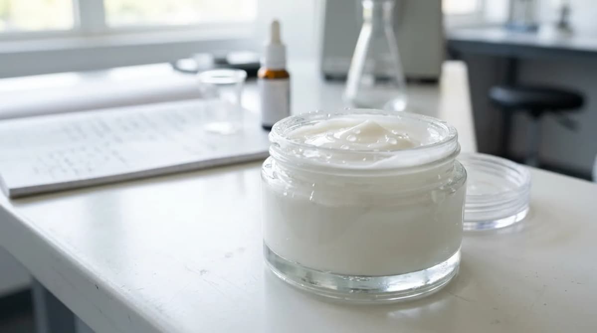 Close-up of a white cream emulsion in a glass jar with water droplets on the surface, scientific laboratory aesthetic, soft natural light, clean minimalist composition
