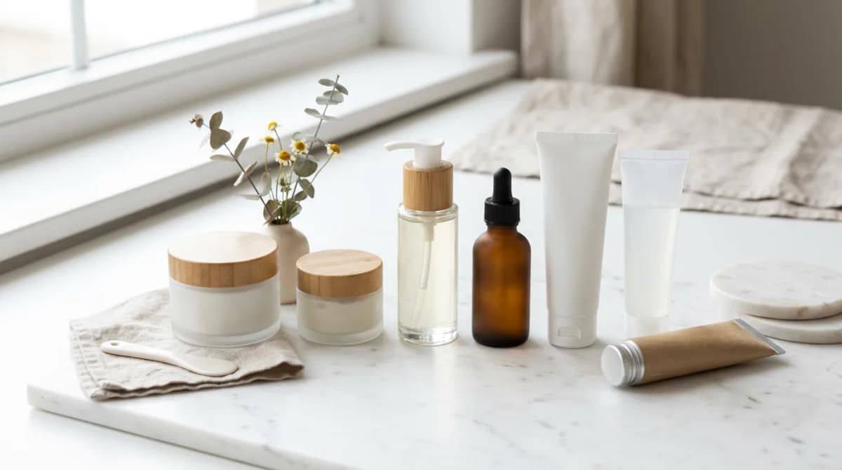 Various cosmetic packaging types - pump bottles, tubes, glass jars with wide and narrow openings arranged on white marble surface, minimalist beauty editorial aesthetic