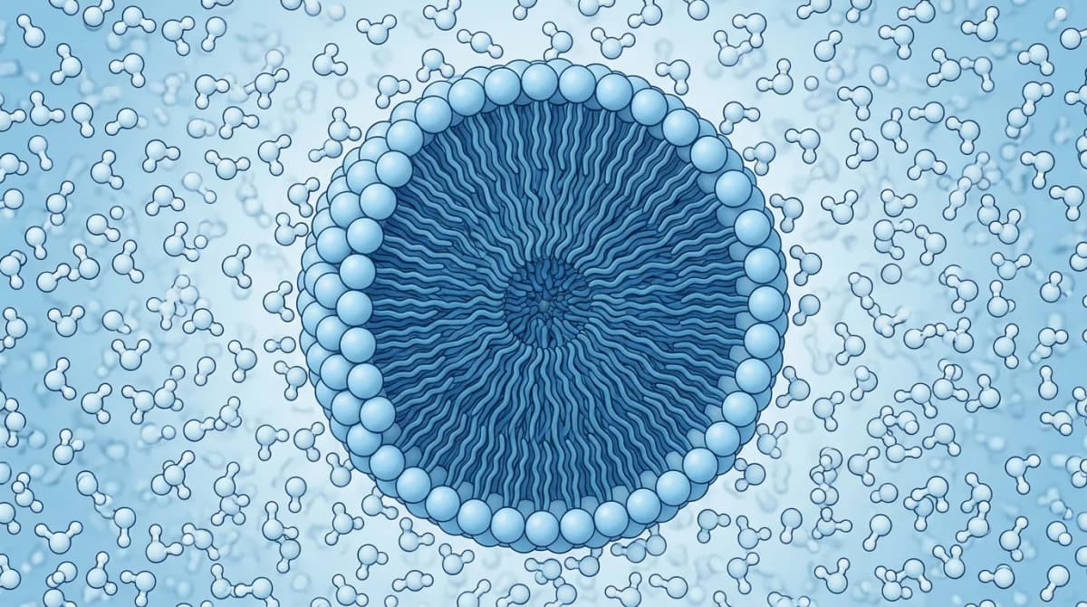 Close-up cross-section diagram of a surfactant micelle with hydrophilic heads pointing outward and lipophilic tails pointing inward, surrounded by water molecules, clean scientific illustration style with soft blue and white color palette