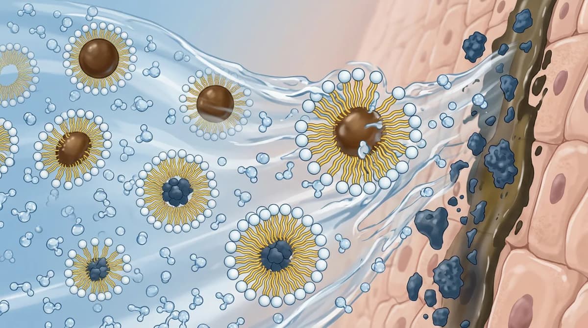 Molecular animation-style illustration showing surfactant micelles trapping dirt and sebum particles during cleansing, with water molecules washing them away, educational diagram aesthetic