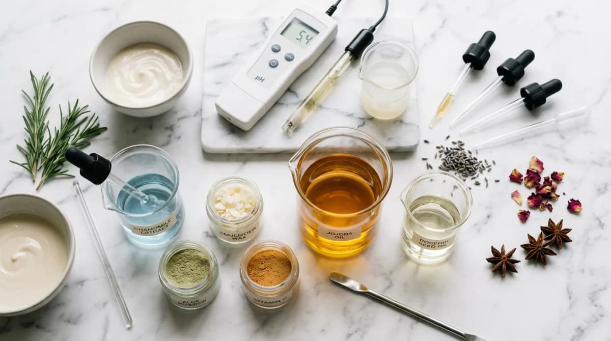 Flat lay of cosmetic formulation ingredients — glass beakers with oils, emulsifiers, botanical extracts, pH meter and pipettes on white marble surface, soft natural light, editorial beauty style, high resolution