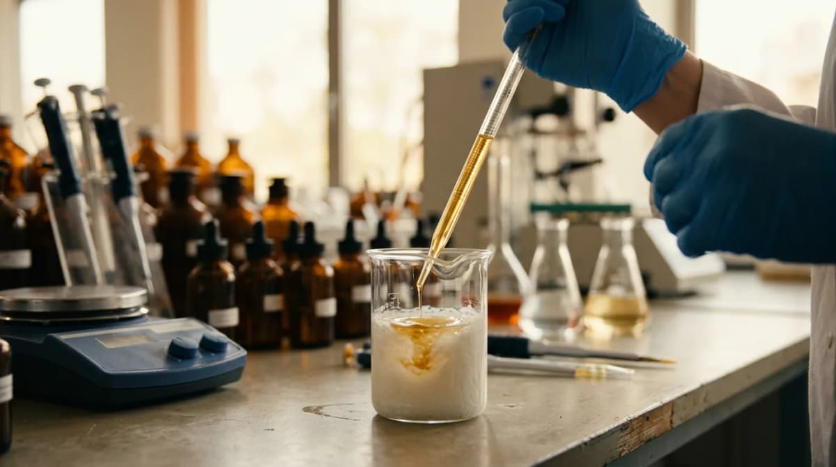 Close-up of cosmetic chemist pipetting active ingredients into a glass beaker filled with white emulsion, laboratory setting, scientific aesthetic, warm tones, shallow depth of field