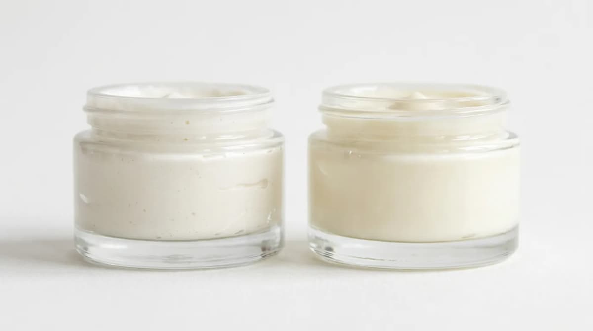 Two cosmetic emulsions side by side — light O/W day cream and rich W/O night cream in minimalist glass jars, macro photography, white background, beauty editorial style