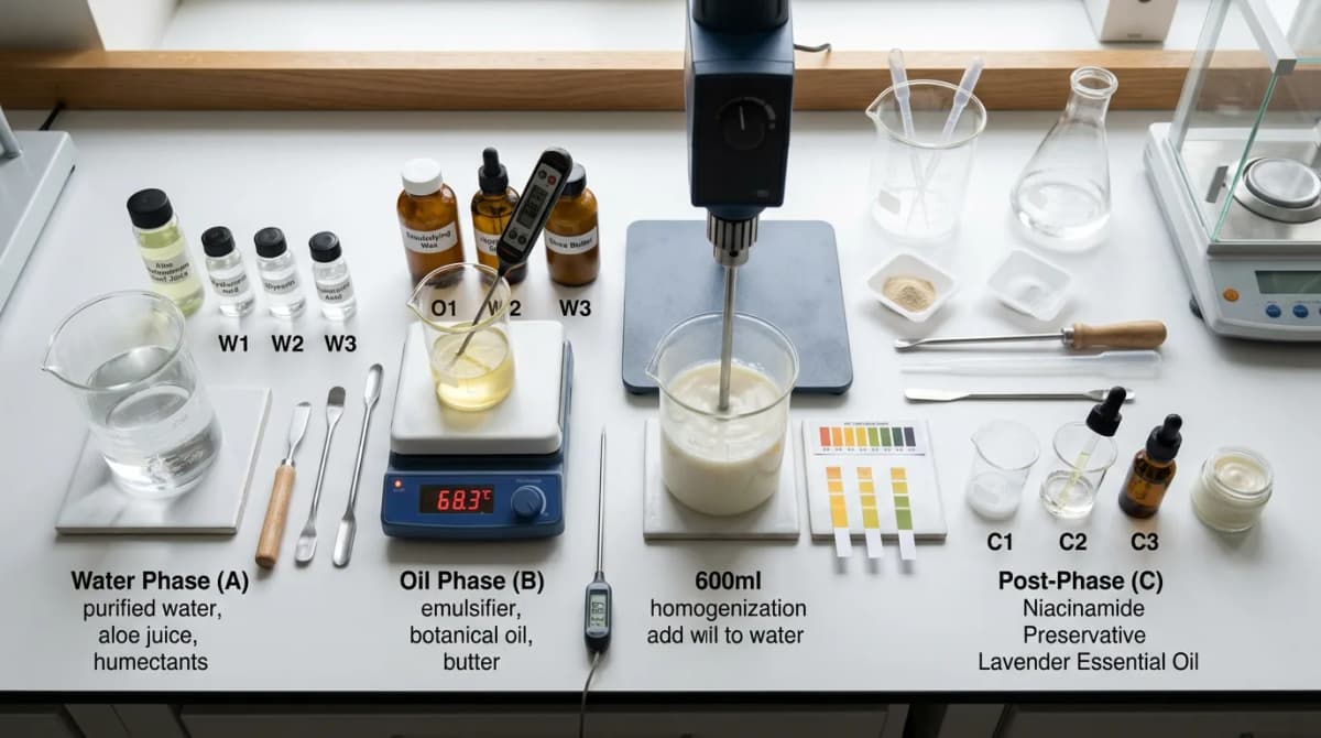 Step-by-step cosmetic formulation process — glass beakers with separate water and oil phases, digital thermometer, pH meter strips on clean lab bench, top-down flat lay view, clean scientific aesthetic