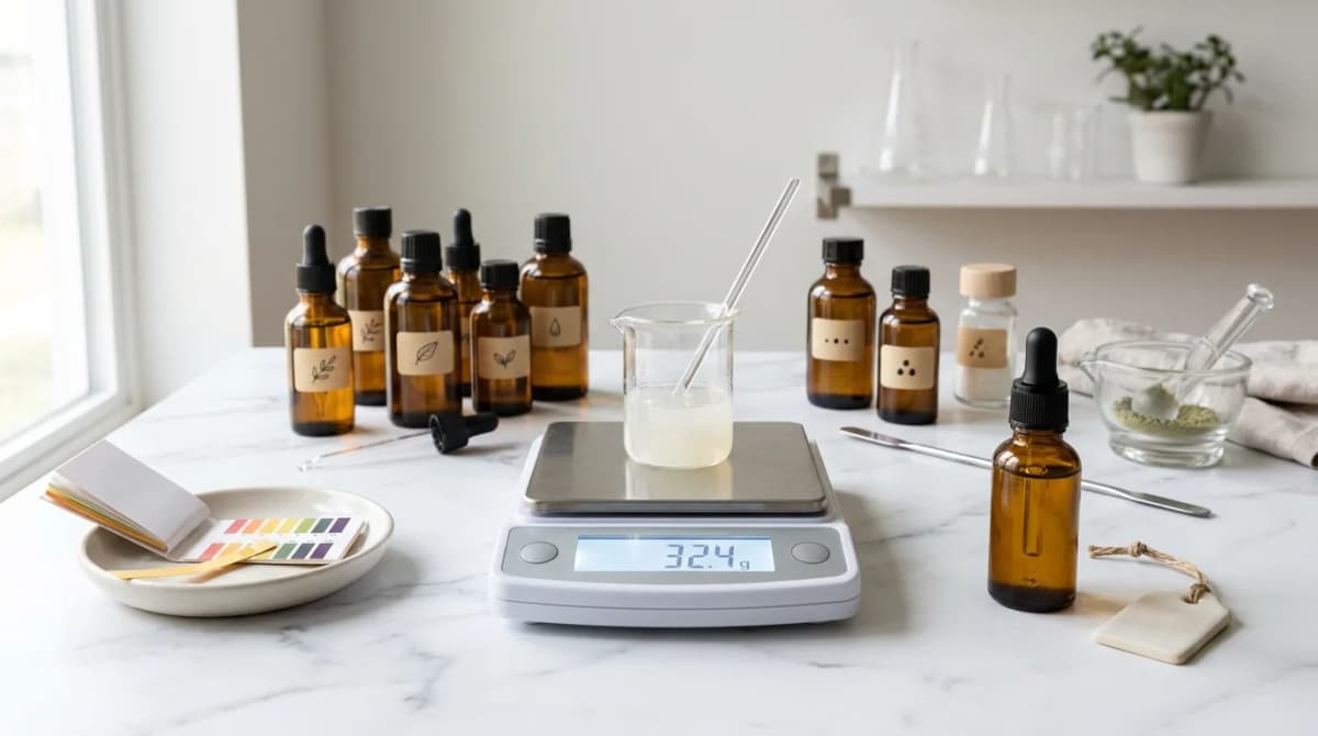 Organized cosmetic formulation workspace with labeled ingredient bottles, digital scale, pH strips, and a finished serum in a dropper bottle on a marble surface, clean minimalist style