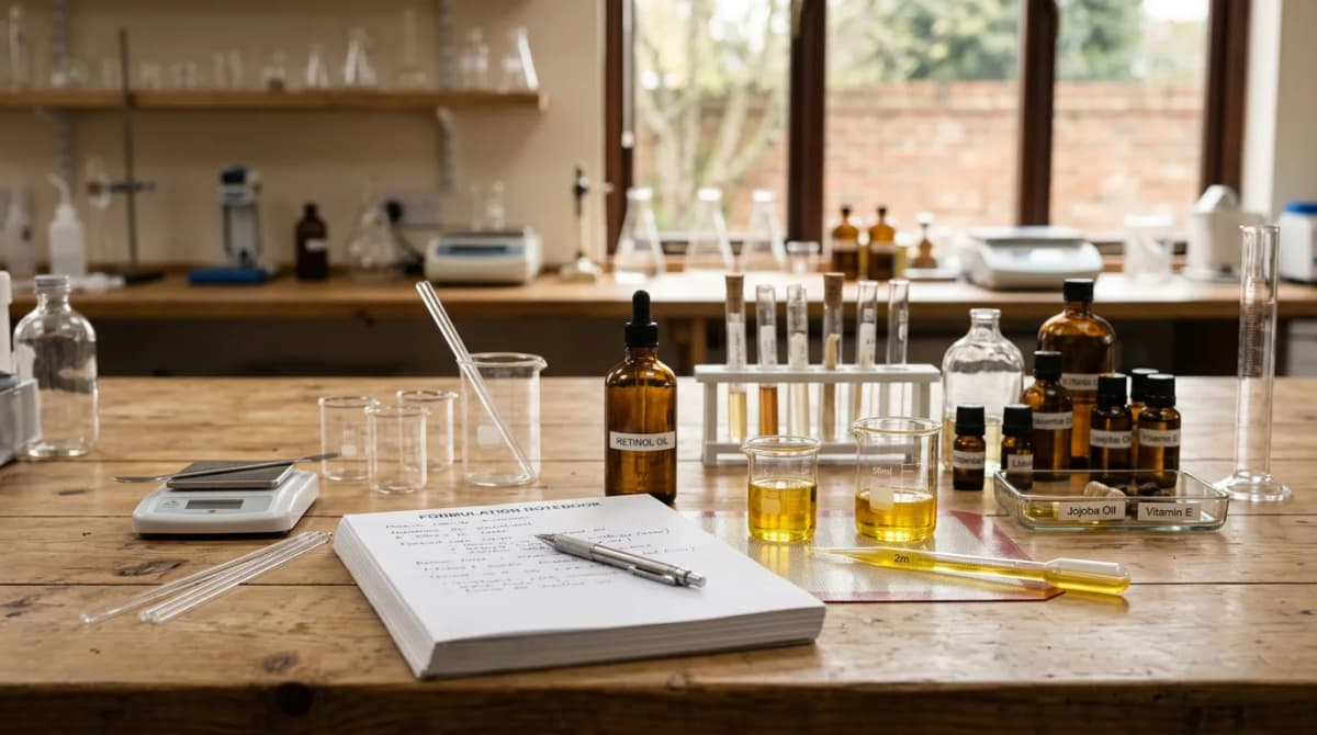 Cosmetic laboratory setup with amber glass containers, small beakers with yellow retinol oil solution, measuring pipettes, formulation notebook, soft natural studio lighting, no people, professional product photography