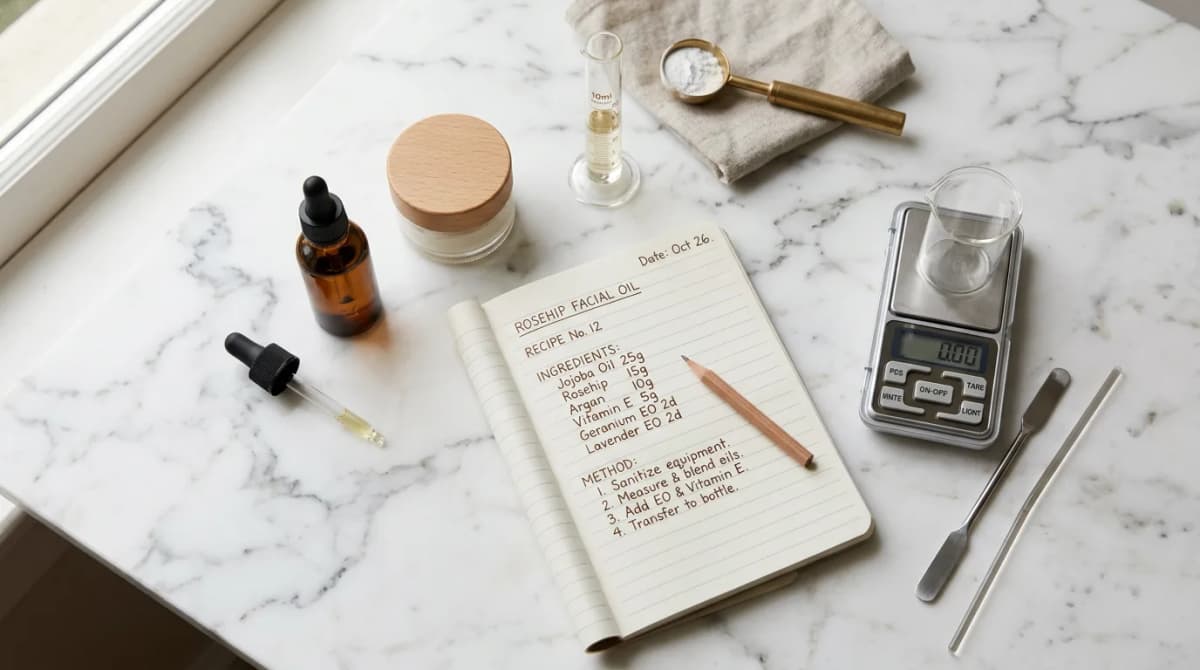 Minimalist flat lay with amber dropper bottle, small cream jar, precision scale, measuring tools, handwritten formulation notes on white marble surface, warm neutral tones