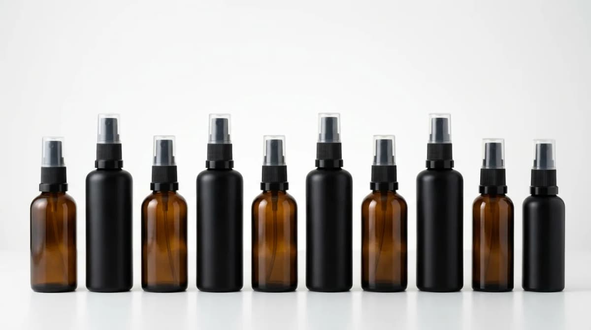 Row of airless pump cosmetic bottles in dark amber and opaque black colors, professional product photography, clean white background, soft shadows, beauty industry aesthetic