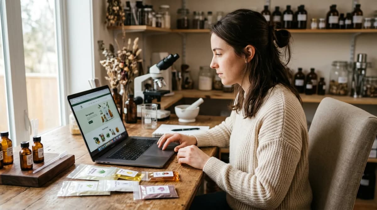 Person browsing cosmetic ingredient supplier website on laptop, with small labeled sample packets of raw materials nearby, warm home lab atmosphere, shallow depth of field