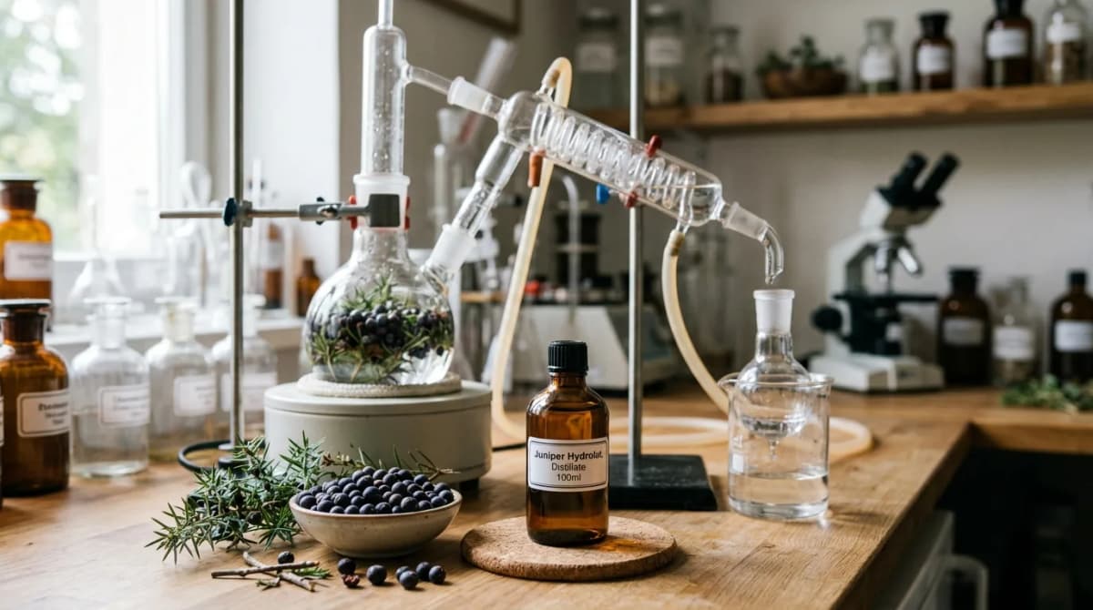 Close-up of juniper berries and glass amber bottle of juniper hydrolat with distillation apparatus in soft laboratory light