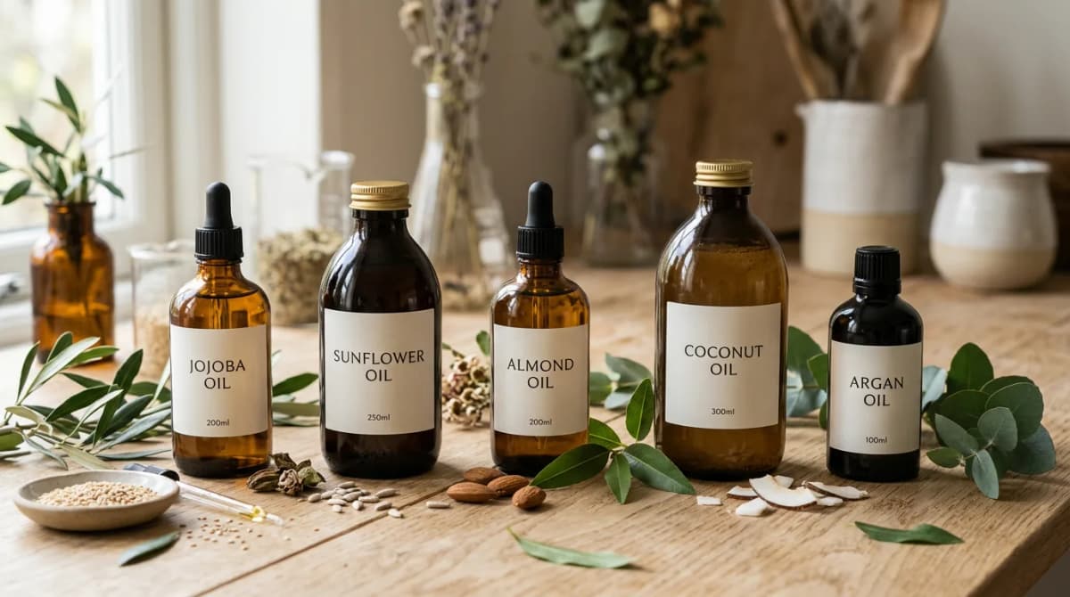 Assortment of carrier oils in amber and dark glass bottles with minimalist labels — jojoba, sunflower, almond, coconut oil — arranged on a light wooden surface with green botanical elements and soft shadows, beauty editorial style