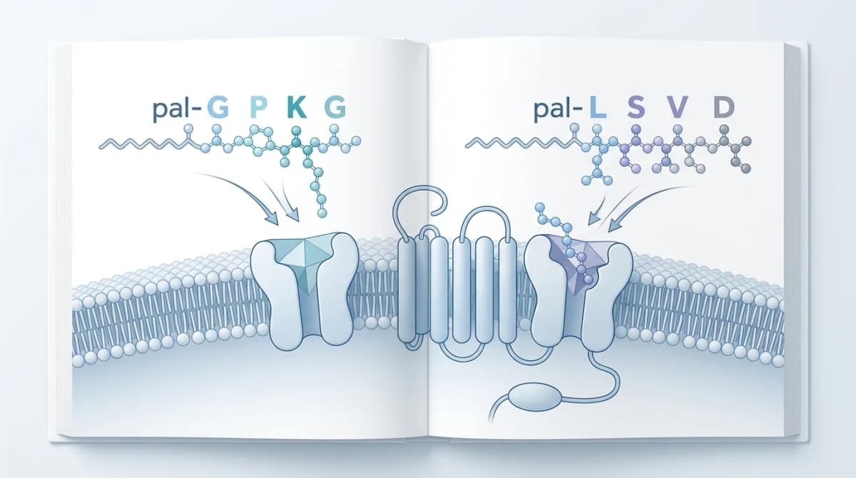Molecular diagram of two peptide sequences pal-GPKG and pal-LSVD interacting with skin fibroblast receptors, scientific illustration style, clean white background, labeled amino acid chains, soft blue and white color palette