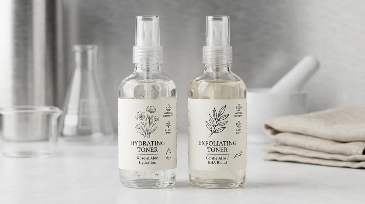 Two glass bottles with clear toner formulations side by side — one labeled hydrating toner, one exfoliating toner — on minimalist white cosmetic lab background, studio lighting