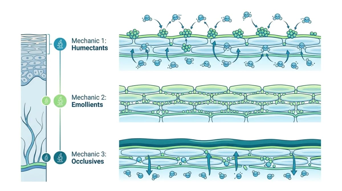 Scientific diagram showing three layers of skin moisturization mechanisms - humectants attracting water molecules, emollients filling intercellular spaces, occlusives forming protective film, clean infographic style on white background, blue and green color palette